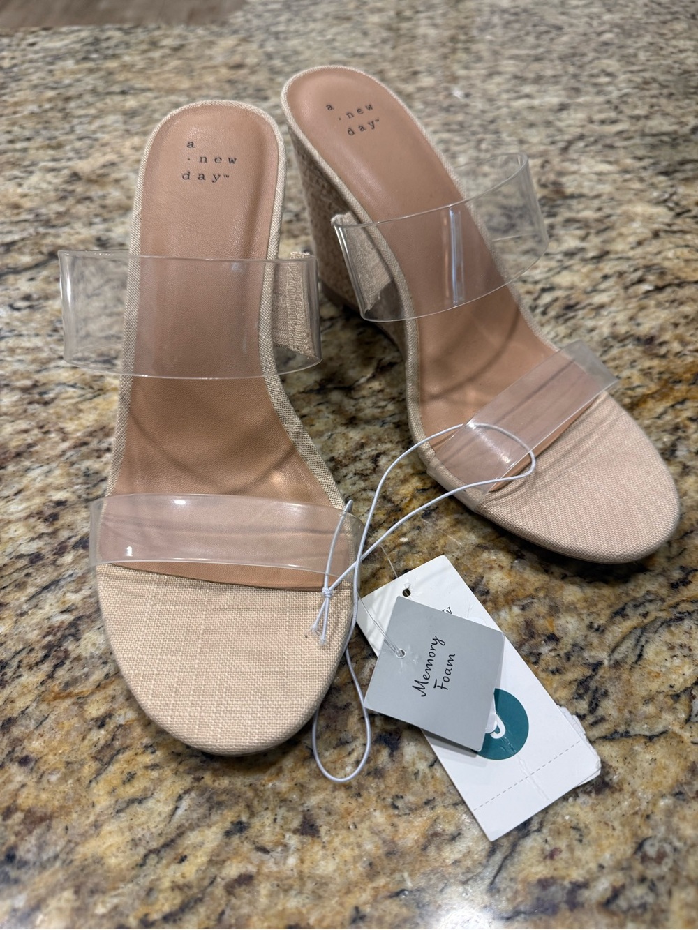 a new day Neutral Beige Clear-strap Wedge Mules